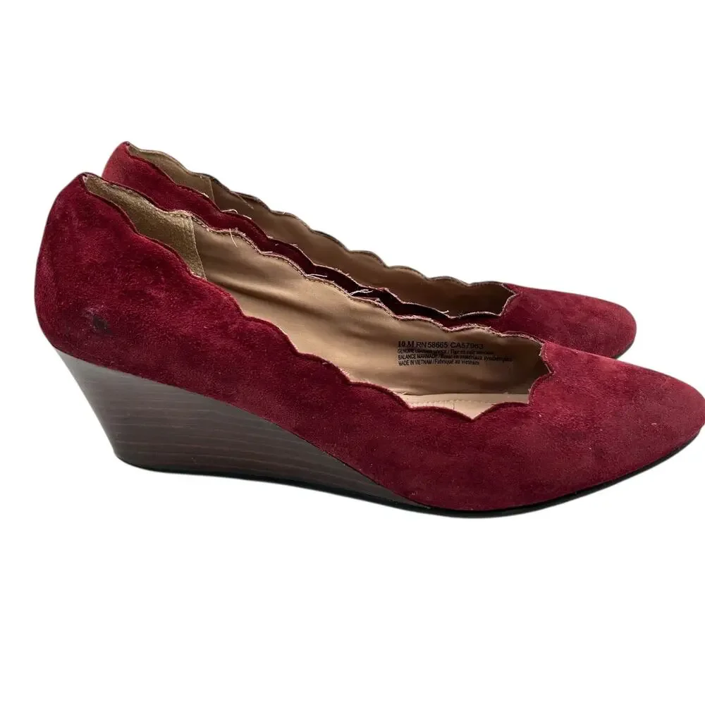 Susina‎ Women's Red Suede Scalloped Edges Wedge Heel Pumps Size 10M